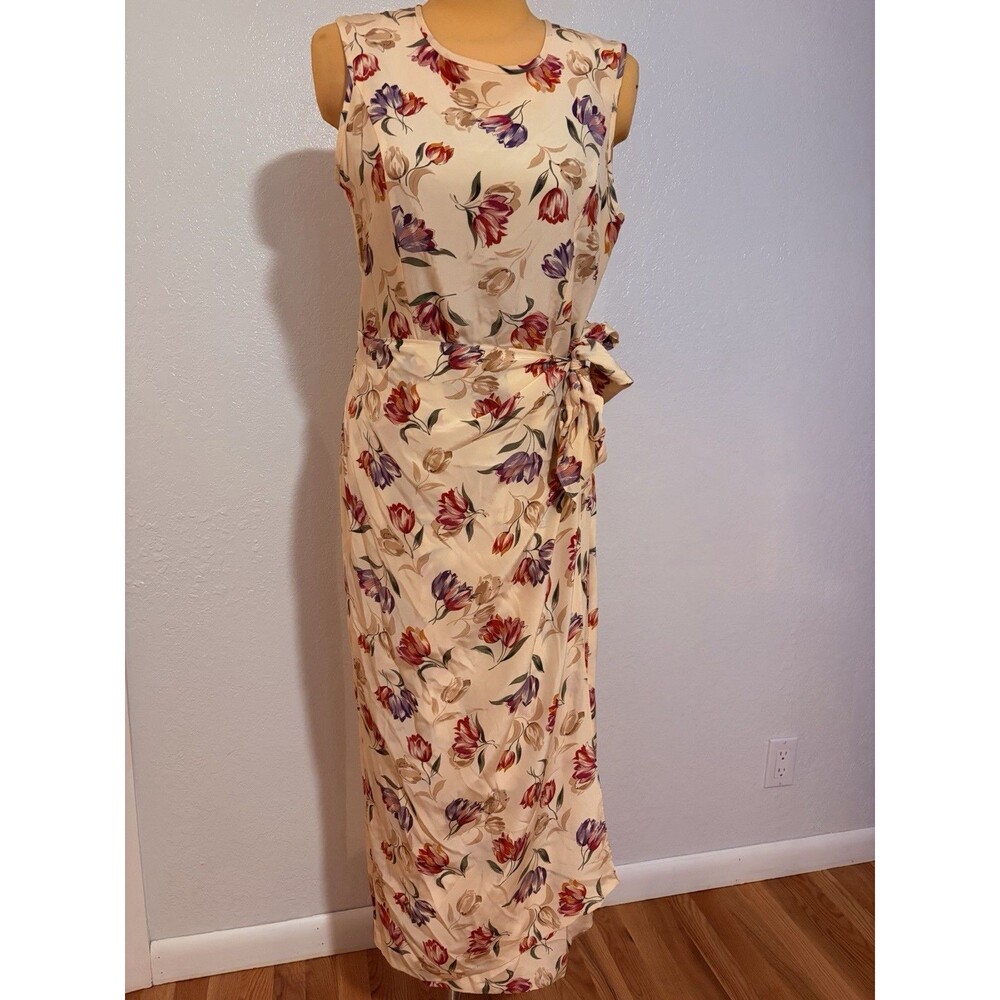 August Silk 100% Silk  Floral Butter Yellow Maxi Wrap Dress Size 12 Vintage
